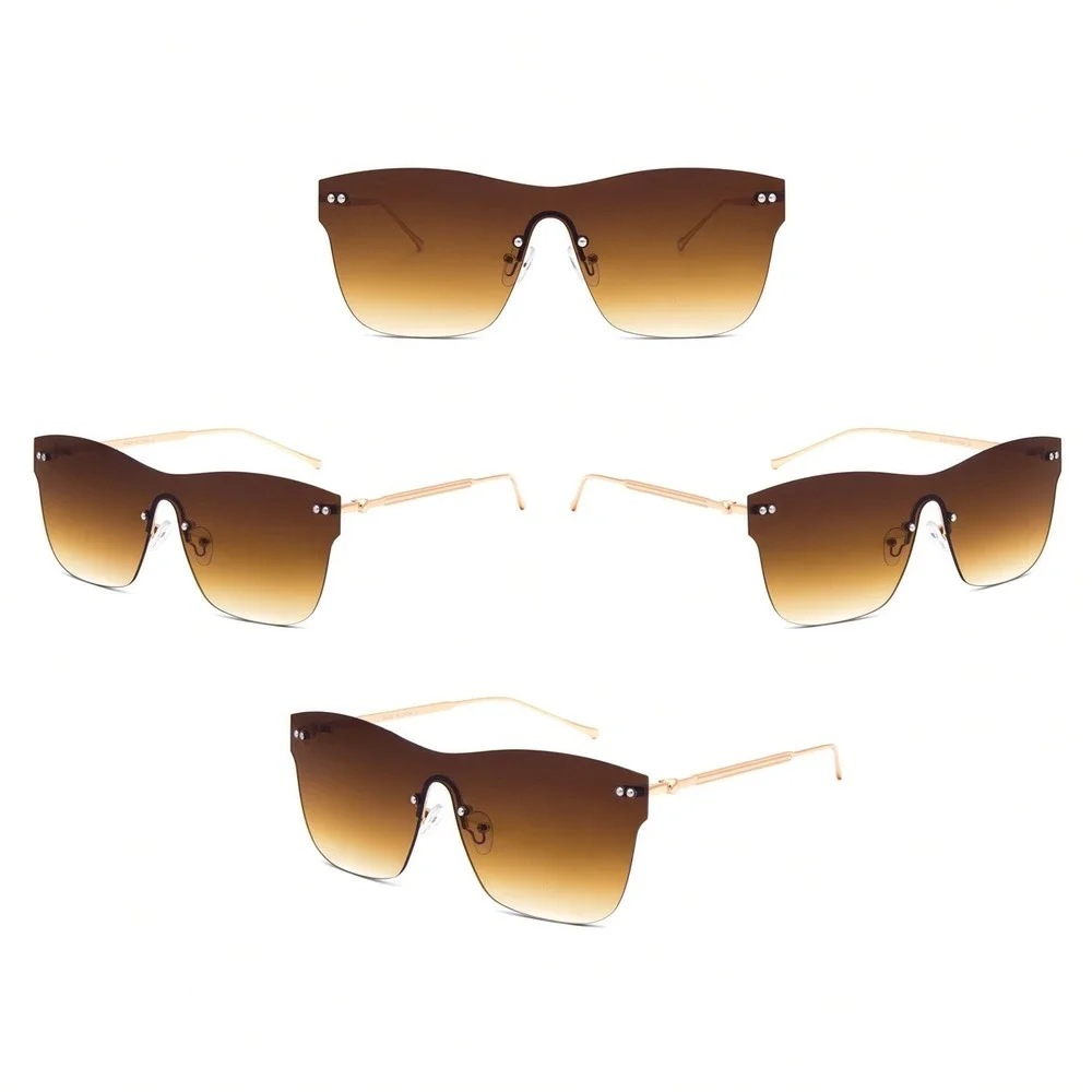 Mens Rimless Shield Sunglasses Brown Gradient Lens Gold Metal Frame Modern UV400